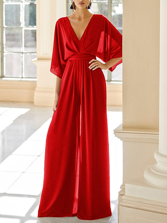 レッド ブライダルマザードレス Vネック ハーフスリーブ ジャンプスーツ ウェディングゲストドレス