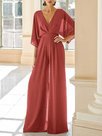 ブリックレッドブライダルマザードレス Vネック ハーフスリーブ ジャンプスーツ ウェディングゲストドレス