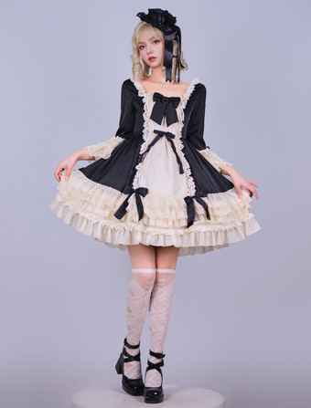 Lolitashow限定ブラックゴシックロリータドレスオールドスクールロリータシフォンボウフリルカラーブロックロングスリーブ