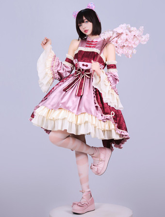 Lolitashow Exclusive Chinese Style Lolita Dress Bows Sleeveless Chiffon Floral Print Burgundy Tea Party Dress