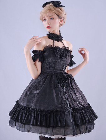 Lolitashow Exclusive Gothic Lolita Dresses Ruffles Lace Jacquard Sleeveless Black Summer Daily Casual Dress