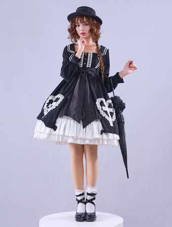 Lolitashow Robes Lolita gothiques exclusives en dentelle à volants manches longues en polyester noir tenue décontractée quotidienne