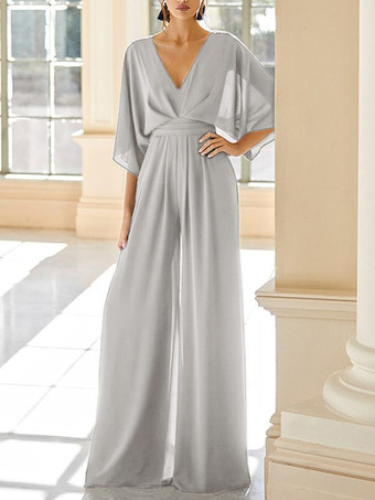ライトグレーブライダルマザードレス Vネック ハーフスリーブ ジャンプスーツ ウェディングゲストドレス