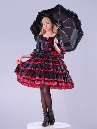 Lolitashow Exklusive Gothic Lolita Kleider Spitze Blumen Jacquard Schwarz Tea Party Halbarm Kleid