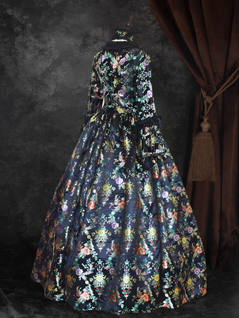 ブラック ゴールド レトロ コスチューム 女の子用 花柄 マリー アントワネット コスチューム レースアップ サテン生地 セット ドレス チョーカー ゴシック 18世紀 コスチューム