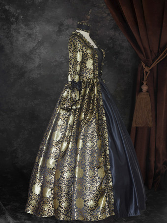 ブラック ゴールド レトロ コスチューム レースアップ サテン生地 マリー アントワネット コスチューム 花柄 プリント ドレス レディース ゴシック セット パーティー プロム ドレス