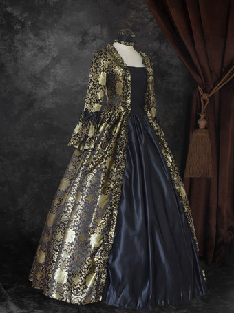 ブラック ゴールド レトロ コスチューム レースアップ サテン生地 マリー アントワネット コスチューム 花柄 プリント ドレス レディース ゴシック セット パーティー プロム ドレス