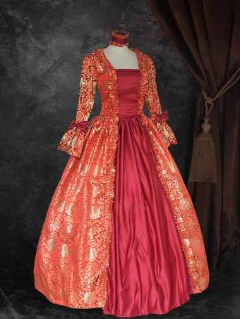 Ture レッド レトロ コスチューム レースアップ サテン生地 花柄 プリント ドレス 女の子 ゴシック マリー アントワネット コスチューム セット ヴィンテージ クロージング バーガンディ