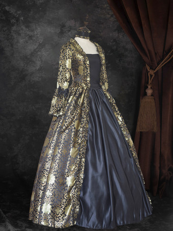 ブラック ゴールド レトロ コスチューム レースアップ サテン生地 マリー アントワネット コスチューム 花柄 プリント ドレス レディース ゴシック セット パーティー プロム ドレス