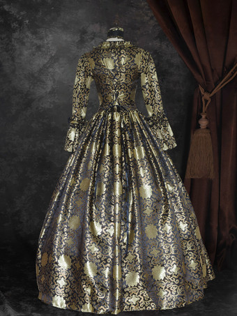 ブラック ゴールド レトロ コスチューム レースアップ サテン生地 マリー アントワネット コスチューム 花柄 プリント ドレス レディース ゴシック セット パーティー プロム ドレス