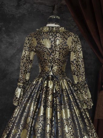 ブラック ゴールド レトロ コスチューム レースアップ サテン生地 マリー アントワネット コスチューム 花柄 プリント ドレス レディース ゴシック セット パーティー プロム ドレス