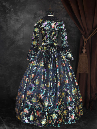 ブラック ゴールド レトロ コスチューム 女の子用 花柄 マリー アントワネット コスチューム レースアップ サテン生地 セット ドレス チョーカー ゴシック 18世紀 コスチューム