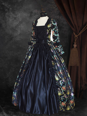 ブラック ゴールド レトロ コスチューム 女の子用 花柄 マリー アントワネット コスチューム レースアップ サテン生地 セット ドレス チョーカー ゴシック 18世紀 コスチューム