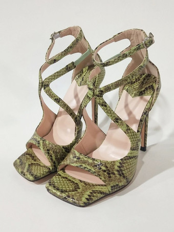 パイソン柄ハイヒールサンダルブラックパテントPUアッパーピープピープトウストラッププロムシューズリトルヒールパーティーシューズ