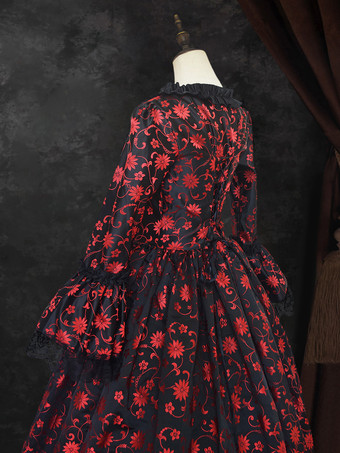 ブラック ゴールド レトロ コスチューム レディース マリー アントワネット コスチューム 花柄 レースアップ サテン生地 セット チョーカー ゴシック 18世紀 コスチューム