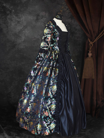 ブラック ゴールド レトロ コスチューム 女の子用 花柄 マリー アントワネット コスチューム レースアップ サテン生地 セット ドレス チョーカー ゴシック 18世紀 コスチューム