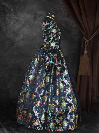 ブラック ゴールド レトロ コスチューム 女の子用 花柄 マリー アントワネット コスチューム レースアップ サテン生地 セット ドレス チョーカー ゴシック 18世紀 コスチューム