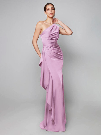 Soft PinkMother Dress One-Shoulder Pleated Sweep Asymmetrical Mermaid Guest Dresses For Wedding