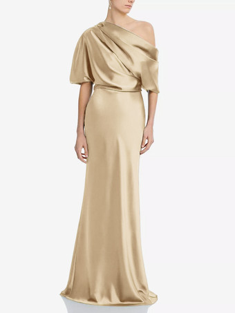 シャンパンマザードレス ワンショルダー 半袖 マーメイド プリーツ マキシレングス ウェディング ゲストドレス