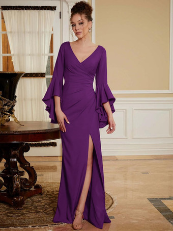 プラムパーティードレス 花嫁の母用 Vネック ベルスリーブ スプリットフロント マキシレングス Aライン 結婚式のゲストドレス