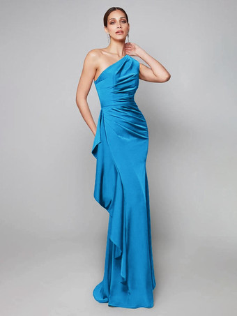 TealMother Dress One-Shoulder Pleated Sweep Asymmetrical Mermaid Guest Dresses For Wedding