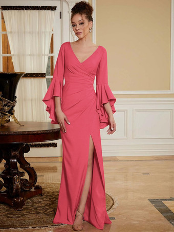 パーティードレス 花嫁の母用 Vネック ベルスリーブ スプリットフロント マキシレングス Aライン 結婚式のゲストドレス