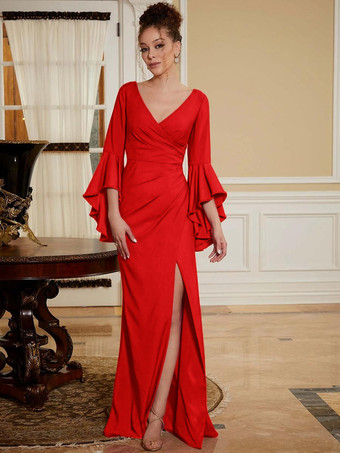 レッド パーティードレス 花嫁の母用 Vネック ベルスリーブ スプリットフロント マキシレングス Aライン 結婚式のゲストドレス