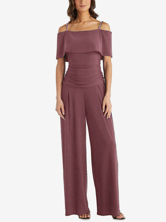 ダークピンク花嫁の母親のためのパーティードレス オフショルダー ノースリーブ ジャンプスーツ プリーツ ゲストドレス 結婚式用