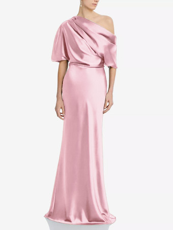 ソフトピンクマザードレス ワンショルダー 半袖 マーメイド プリーツ マキシレングス ウェディング ゲストドレス