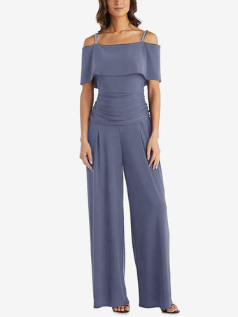スチールブルー花嫁の母親のためのパーティードレス オフショルダー ノースリーブ ジャンプスーツ プリーツ ゲストドレス 結婚式用