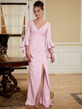 ソフトピンクパーティードレス 花嫁の母用 Vネック ベルスリーブ スプリットフロント マキシレングス Aライン 結婚式のゲストドレス
