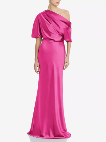 ローズレッドマザードレス ワンショルダー 半袖 マーメイド プリーツ マキシレングス ウェディング ゲストドレス