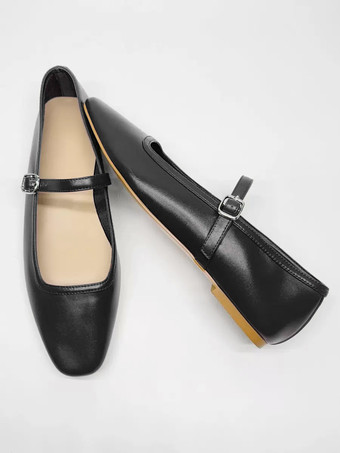 ブラック バーガンディ メリージェーン フラット スクエアトゥ バックルディテール ヴィンテージ バレリーナ フラット