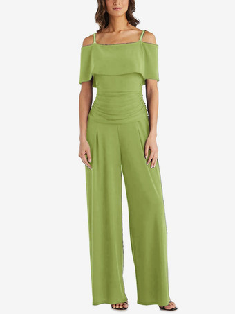 黄緑色花嫁の母親のためのパーティードレス オフショルダー ノースリーブ ジャンプスーツ プリーツ ゲストドレス 結婚式用