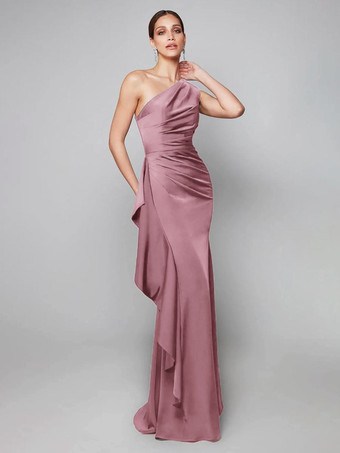 Blush PinkMother Dress One-Shoulder Pleated Sweep Asymmetrical Mermaid Guest Dresses For Wedding