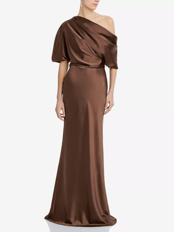チョコレートマザードレス ワンショルダー 半袖 マーメイド プリーツ マキシレングス ウェディング ゲストドレス