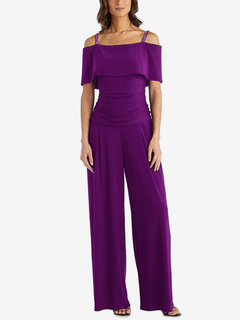 パープル 花嫁の母親のためのパーティードレス オフショルダー ノースリーブ ジャンプスーツ プリーツ ゲストドレス 結婚式用