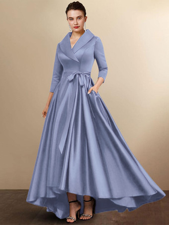 スチールブルーブライダルマザードレス七分袖 Aラインサッシュ ウェディングゲストドレス 自由なカスタマイズ