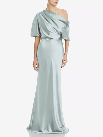 ライトグレーマザードレス ワンショルダー 半袖 マーメイド プリーツ マキシレングス ウェディング ゲストドレス