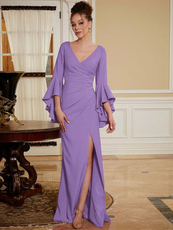 ライラックパーティードレス 花嫁の母用 Vネック ベルスリーブ スプリットフロント マキシレングス Aライン 結婚式のゲストドレス