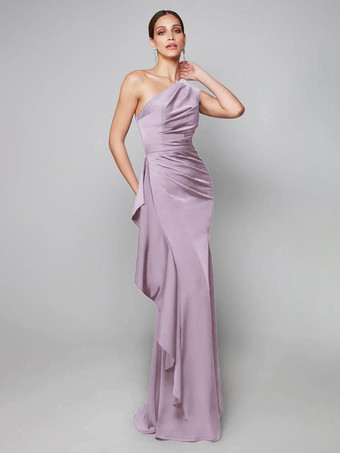 Cameo PinkMother Dress One-Shoulder Pleated Sweep Asymmetrical Mermaid Guest Dresses For Wedding