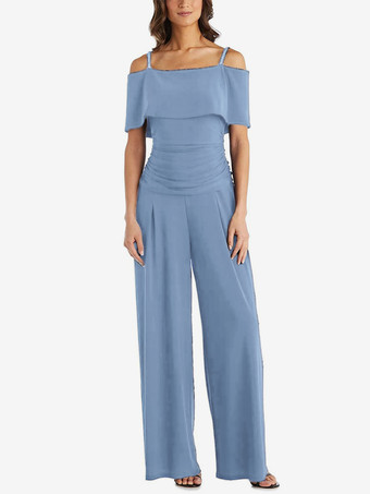 ベビーブルー花嫁の母親のためのパーティードレス オフショルダー ノースリーブ ジャンプスーツ プリーツ ゲストドレス 結婚式用