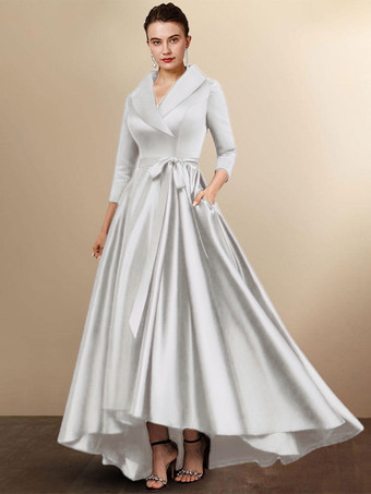 シルバーブライダルマザードレス七分袖 Aラインサッシュ ウェディングゲストドレス 自由なカスタマイズ