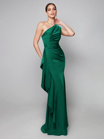 ダークグリーンマザードレス ワンショルダー プリーツ スイープ 非対称 マーメイド ゲストドレス 結婚式用