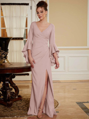 ピンクパーティードレス 花嫁の母用 Vネック ベルスリーブ スプリットフロント マキシレングス Aライン 結婚式のゲストドレス