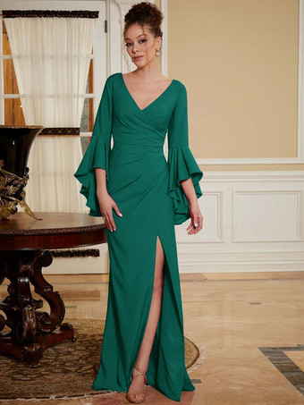 ダークグリーンパーティードレス 花嫁の母用 Vネック ベルスリーブ スプリットフロント マキシレングス Aライン 結婚式のゲストドレス