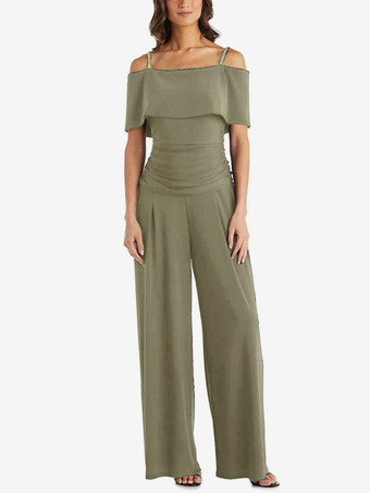 セージグリーン花嫁の母親のためのパーティードレス オフショルダー ノースリーブ ジャンプスーツ プリーツ ゲストドレス 結婚式用