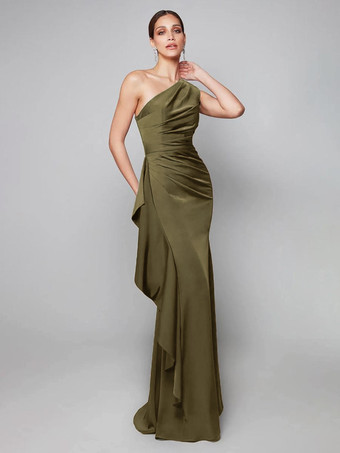 Olive greenMother Dress One-Shoulder Pleated Sweep Asymmetrical Mermaid Guest Dresses For Wedding