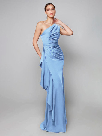 Baby BlueMother Dress One-Shoulder Pleated Sweep Asymmetrical Mermaid Guest Dresses For Wedding
