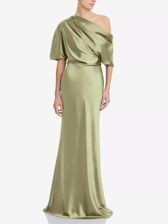 セージグリーンマザードレス ワンショルダー 半袖 マーメイド プリーツ マキシレングス ウェディング ゲストドレス